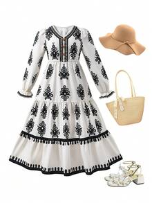 SHEIN Tween Girl Off-White Ditsy Floral V-Neck Long-Sleeved Dress,Elegant Jalabiya Prayer Robe - Red and White - View 9
