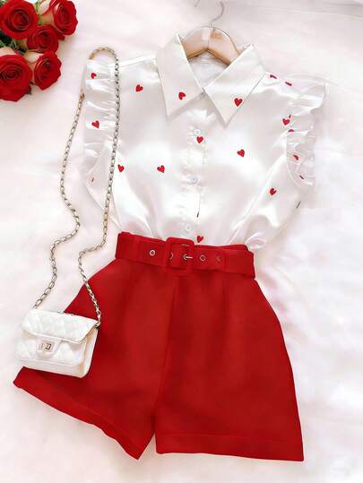 GlowEve Women's White Base Red Heart Ruffle Trim Top, Red Faux Belt Decor Shorts Set, Elegant Romantic Outfit For Valentine's Day, Labor Day, Travel, Street Style, College Style, Spring/Summer