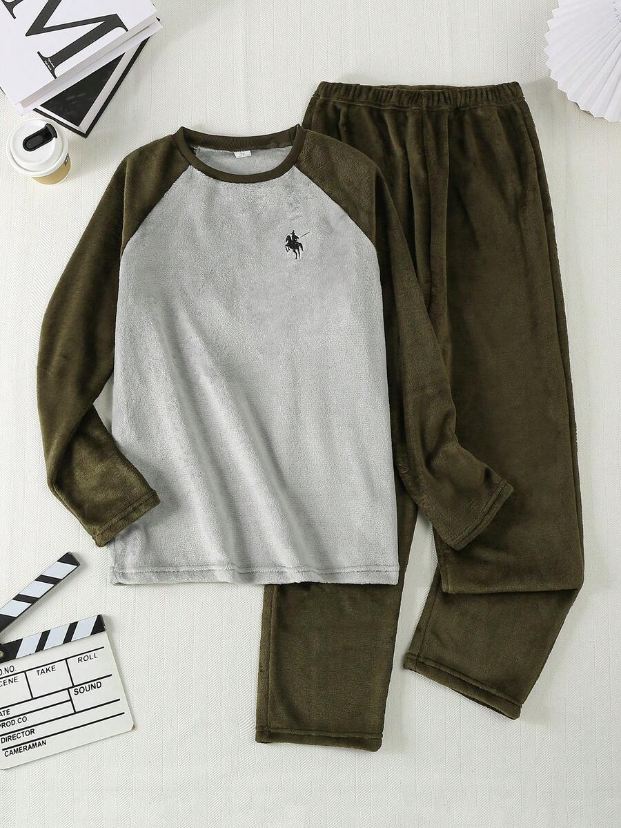 2 peças/Conjunto Roupas de Moletom Casual para Adolescentes Masculinos, Top com Manga Raglan e Contraste de Cor e Calça, Outono/Inverno - Multicolorido - Visão 1