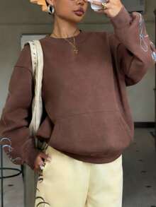 SHEIN EZwear Áo sweatshirt nữ dáng rộng, in chữ, vai rớt, túi kangaroo, cổ tròn, thời trang thường ngày, phong cách đường phố, thích hợp đi làm. - Cà phê nâu - Xem 1