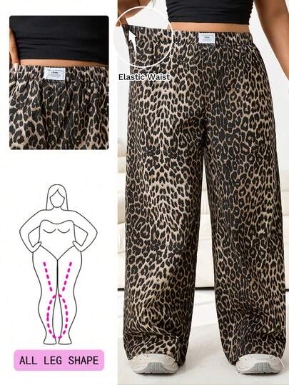 Solflare Plus Size Women's Letter & Leopard Print Wide Leg Casual Jeans Spring To Summer Valentine's Day Carnival Costume Commuting Vacation Graduation Chic Y2k Cute Streetwear Party Wedding Elegant Business Casual Woman Women's Plus Size Leopard Print Pants Elastic Waist Wide Leg Trousers Comfortable Style