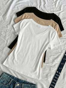 SHEIN EZwear 3件装女士夏季V领紧身T恤，朋克亚文化动漫纯色基础款V领短袖修身T恤 - 彩色 - 查看 2