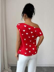 Rafferiza Women's Chic Red Heart Print Off-The-Shoulder Short-Sleeved Blouse,Summer Red And White Gathered Top For Party,Vacation,Valentine's Day & Casual Wear - Red - View 3