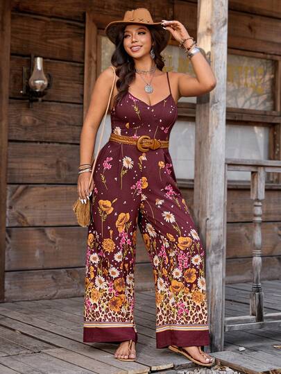 Nubod Plus Size Women's Floral Print Backless Tie-Front Jumpsuit, Romantic Sexy Beach Holiday Style, Without Belt