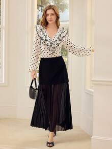 MOTF PREMIUM POLKA DOT PRINT RUFFLE TRIM TOP - Black and White - View 6