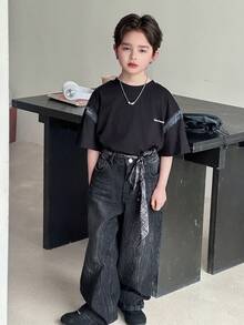 DAZY Tween Boy Pocketed Button Casual Versatile Daily Wear Wide Leg Jeans - Black - View 2