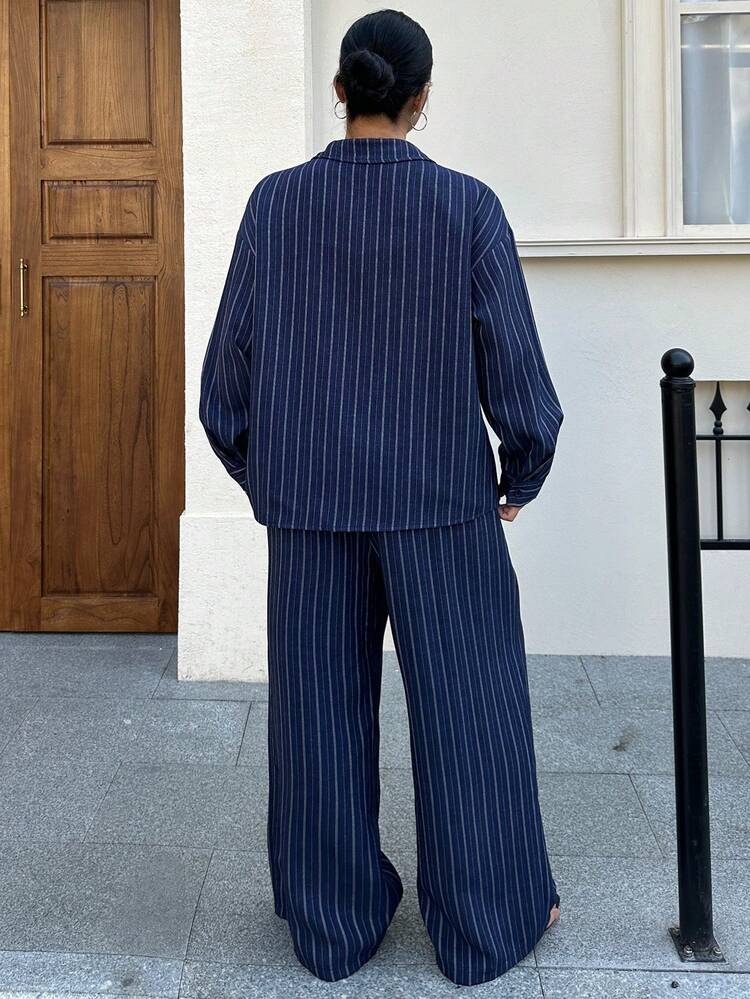 Dazy Plus Plus Size Women 2-Piece Set: Casual Striped Loose Turndown Collar Long Sleeve Shirt Top And Straight Leg Pants, Spring/Summer Lounge Sets For Women