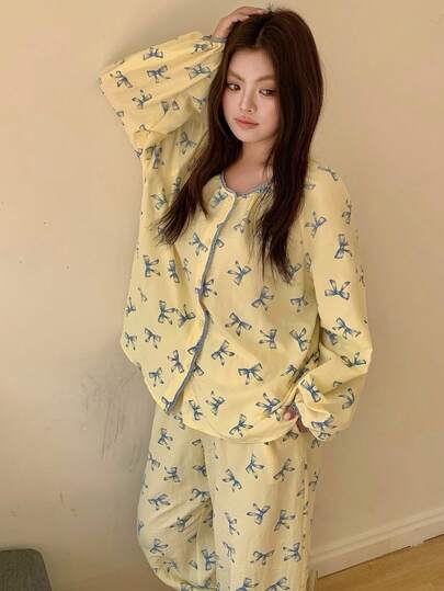 DAZY Plus Size Women Butterfly Print Button-Up Long Sleeve Top And Pants Pajama Set