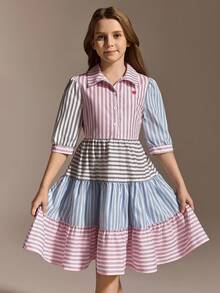 SHEIN Explorewe 少女撞色条纹泡泡袖前扣荷叶边连衣裙 - 粉色 - 查看 3