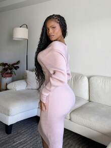 Tyla Gomez Surplice Neck Batwing Sleeve Chain Detail Sweater Dress Fall Winter Cloth For Women - Dusty Pink - View 4