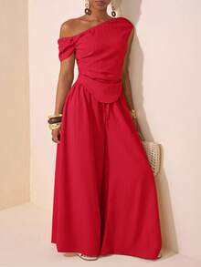 Veslaya Red Summer Elegant Party Women Plus Size Two Pieces Set,Asymmetric Shoulder Ruched Cropped Top And Wide Leg Pants With Pockets,Textured Fabric Outfit - Red - View 5