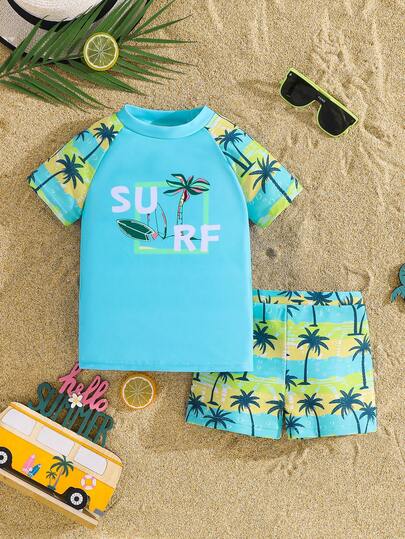 SHEIN Conjunto de traje de baño minimalista de cuello redondo y manga corta para niño, adecuado para el verano