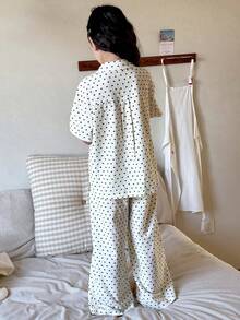 Dazy Kids Tween Girl Polka Dot Collar Single-Breasted Mid-Sleeve Top And Wide-Leg Pants Casual Loungewear Pajama Set - Multicolor - View 5