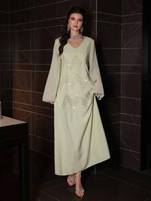 Al Najma V-Neck Embroidered Beaded Loose Long Dress, Traditional Abaya Style, Light Green - Green - View 5