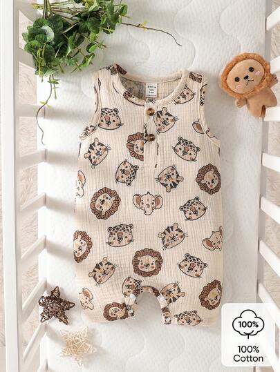 SHEIN Baby Boy Lion Print Half Button Tank Romper