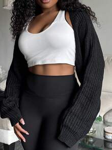 Tyla Gomez Cárdigan de mujer negro casual de 1 pieza con mangas de murciélago acanaladas, tops de manga larga en otoño/invierno - Negro - Ver 3