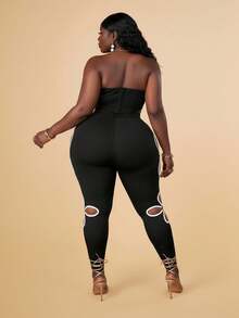 CurvyTilda Plus Contrast Binding Cut Out Leggings - Black - View 2