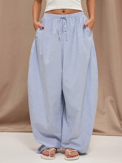 SHEIN BAE Blue & White Casual Elastic Waist Barrel Leg Pants, Suitable For Commuting, Daily Wear, Back To School, Outings, Cute, Striped, Summer, Casual, Banana, Wide Leg, Outdoor,Blue Trousers, Vacation Trousers, Summer Trousers, Casual Trousers, Cruise Ship Trousers, Beach Vacation Trousers, Blue Striped Trousers, Holiday Trousers,Women's Wide Leg Pants,Joggers Women,Loose Trousers,Balloon Pants Loose Pants For Women Women Summer Pants