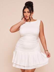 SHEIN BAE Plus Size Women Solid White Sleeveless Ruched Back Bow Decor Mini Bodycon Dress, Summer Dresses, Spring Clothing - White - View 5