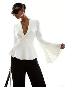 LYSMO 女士纯色交叉V领喇叭袖荷叶边下摆性感时尚衬衫 - 淡黃色 - 查看 3