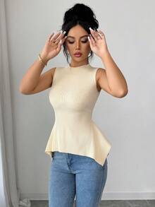 Elenzga Stylish Sleeveless Knit Sweater Top, Asymmetric Hem Design, Fitted Waist, Versatile & Fashionable - Apricot - View 5