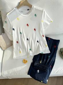 Tween Girls' Summer 2 Pieces Set: White Short-Sleeve T-Shirt And Navy Blue Wide-Leg Pants Set. - Blue and White - View 3