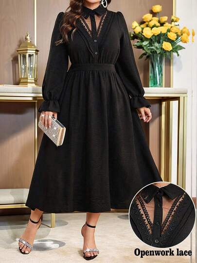 SHEIN Clasi Plus Size Women Hollow Lace Patchwork Contrast Button Collar Long Sleeve Ruffle Hem A-Line Elegant Casual Daily Shirt Dress