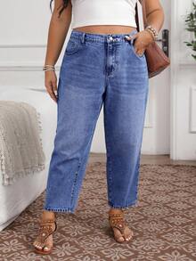 EMERY ROSE Quần jean trơn đơn giản cỡ lớn - Rửa trung bình - Xem 4