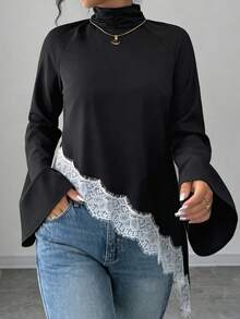 SHEIN Elenzya Standard Size Black Asymmetric Hem Long Sleeve Contrast Lace Blouse - Black - View 5