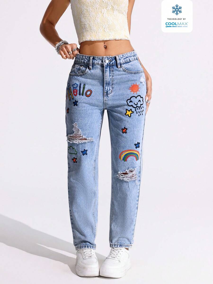 Jeanoix Cartoon Print Distressed Slant Pocket Casual Versatile Denim Jeans - Blue - View 1