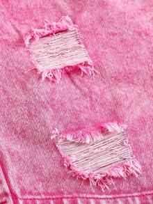 SHEIN Tween Girl Pink Summer Streetwear City Break Y2k Vintage Cut Out Ripped Frayed Short Denim Skirt Pants,Fashion Homecoming Festival Rave Denim Shorts - Pink - View 4