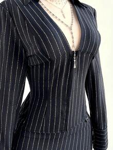 Elamini Women's Elegant Striped Long Sleeve Shirt And Low Waist Striped Skirt 2-Piece Set, Versatile For Daily, Commute, Party, Autumn/Winter - Multicolor - View 8