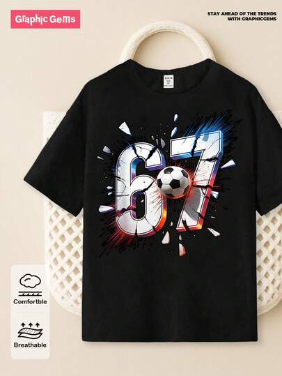 Tween Boy Casual Stylish Creative Personalized Refreshing Chic Minimalist Cool Digit 67 Football Graphic Print Basic Short Sleeve T-Shirt, Comfortable Daily Wear, Cozy Summer & Fall Styles Suitable For Boys Boy 7y Clothing Graphic T Kid Boys Hip Hop Clothing