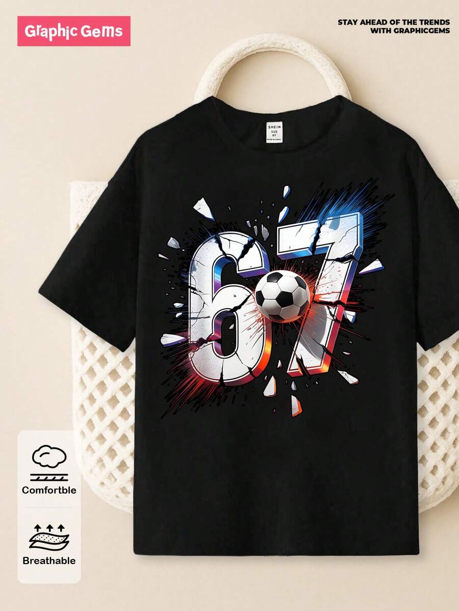 Tween Boy Casual Stylish Creative Personalized Refreshing Chic Minimalist Cool Digit 67 Football Graphic Print Basic Short Sleeve T-Shirt, Comfortable Daily Wear, Cozy Summer & Fall Styles Suitable For Boys Boy 7y Clothing Graphic T Kid Boys Hip Hop Clothing - Black - View 1