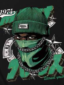 Manfinity LEGND 1 Áo thun nam cổ tròn tay ngắn màu đen, in hình người đeo mặt nạ, phong cách đường phố, mặc hàng ngày, thiết kế khẩu hiệu năm 1974, món quà tuyệt vời cho bạn trai/chồng, áo thun tay ngắn dáng rộng, áo thun hip hop nam, áo thun in hình rapper, áo thun nam phong cách rapper. - màu đen - Xem 4