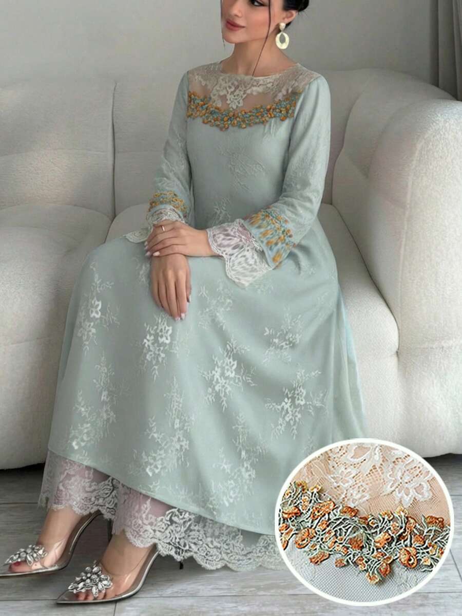 Al Najma New Romantic Elegant Lace Trim Sophisticated Graceful Party Dress - Green - View 1