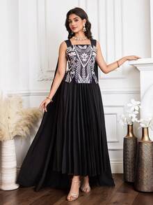 Al Najma New Design Patchwork Pleated Cinched Waist Romantic Elegant Luxury Party Dress - Multicolor - View 3