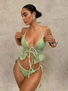 Swim SPRTY Sexig baddräkt med jacquardmönster och blommönster, paljettmönster och halterneck för kvinnor, sommar, strandsemester - Grön - Visa 4