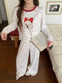 DAZY 女士秋季两件套快乐狗狗印花星星图案宽松长袖长裤睡衣套装 - 米色 - 查看 5