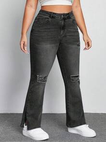 SHEIN ICON Pantalones acampanados de mezclilla negra elástica de talla grande con agujeros rotos y diseño de abertura - Gris Oscuro - Ver 3