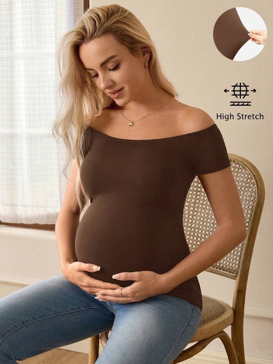 SHEIN 孕妇纯色修身高弹时尚露肩T恤 - 咖啡棕 - 查看 1