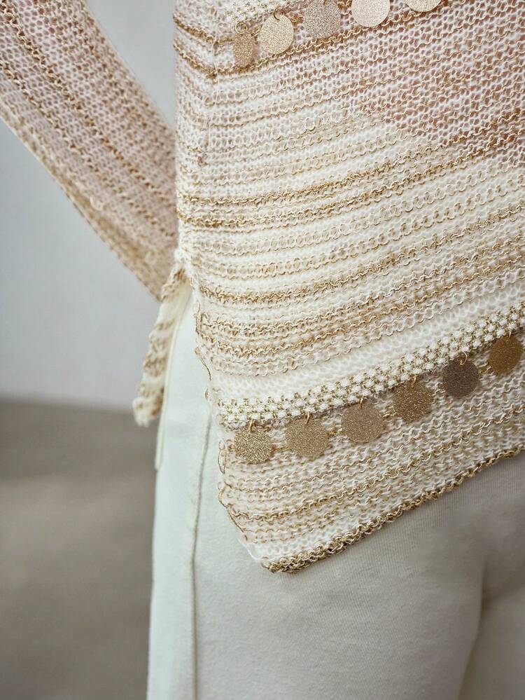 WOMEN'S ASYMMETRIC HEM CONTRAST SEQUIN SWEATER