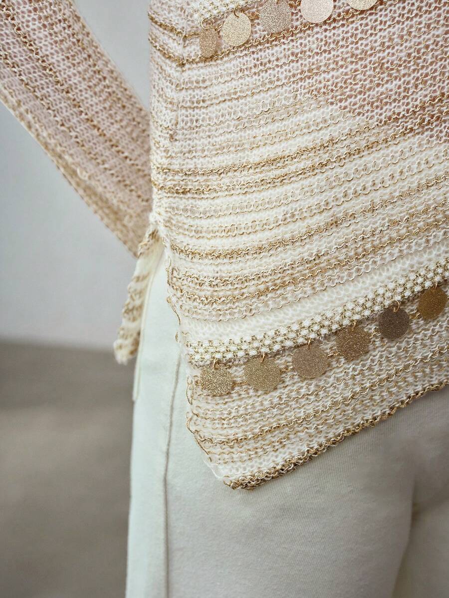 MOTF PREMIUM WOMEN'S ASYMMETRIC HEM CONTRAST SEQUIN SWEATER - Khaki - View 2