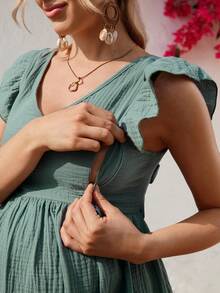 SHEIN Maternity Solid Color V-Neck Flutter Sleeve Tie Back Nursing Dress - Mint Green - View 6