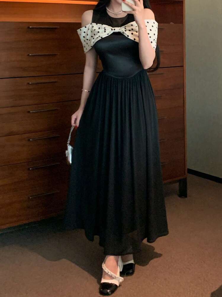 Women's Elegant Polka Dot Patchwork Open Shoulder Long Dress Sundress