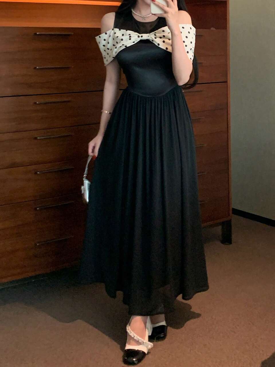 Women's Elegant Polka Dot Patchwork Open Shoulder Long Dress Sundress