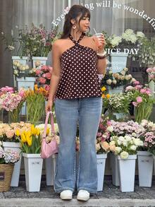 GalTyme 大码女式复古休闲沙滩度假波点印花系带露背上衣，夏季假期、春假、嘉年华女装2026款，优雅派对装扮，巧克力棕色，外出上衣 - 彩色 - 查看 4