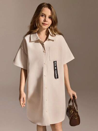 Tween Girls' Casual School Style Shirt Dress, Loose Short Sleeve Student Street Fashion Dress