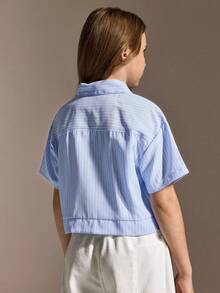 SHEIN Tween Girls' Casual School Style Blue & White Striped Pocket Cropped Shirt, Versatile For School And Daily Wear - Blue - View 2