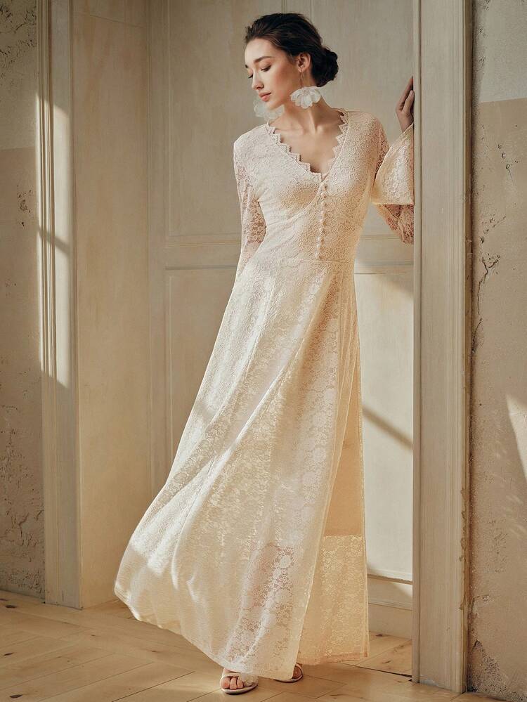 Women's New Lace Long Sleeve Maxi Elegant Delicate Luxurious A-Line Beige Dress, Spring/Summer, Suitable For Valentine's Day, Flare Sleeve